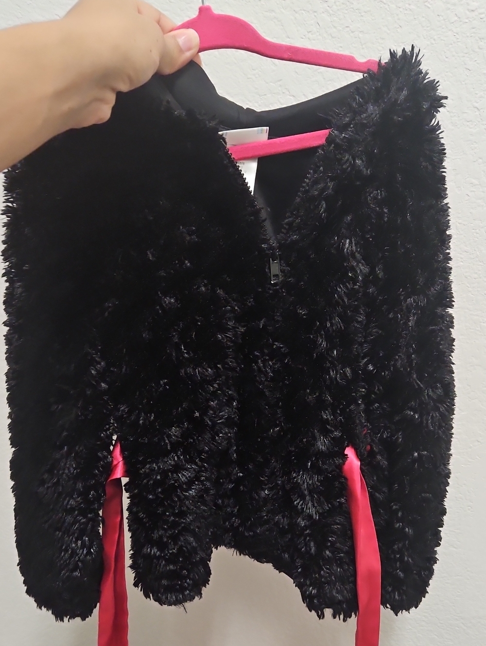 Piper Black Faux Fur Teddy Jacket with Pink Ribbon Accents